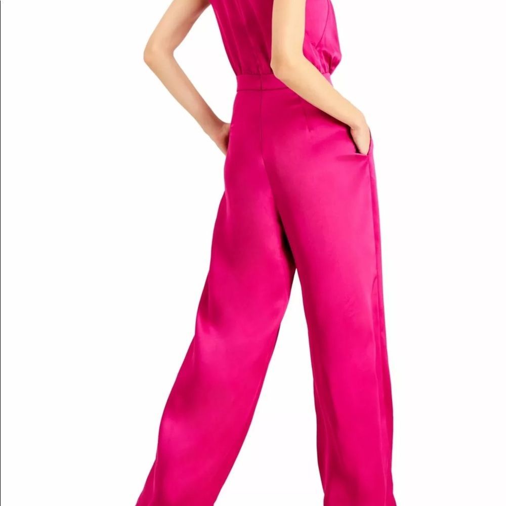 INC Women's Jumpsuit Vibrant Pink Size 10 Satin Drape Neck Sleeveless $119